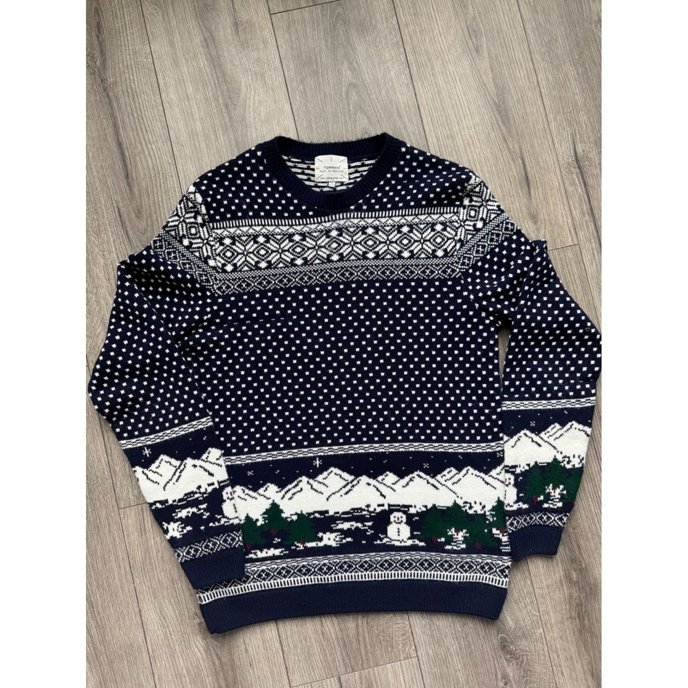 TOPMAN Navy Fair Isle Alpine Mountain Snowman Holiday Christmas Sweater M